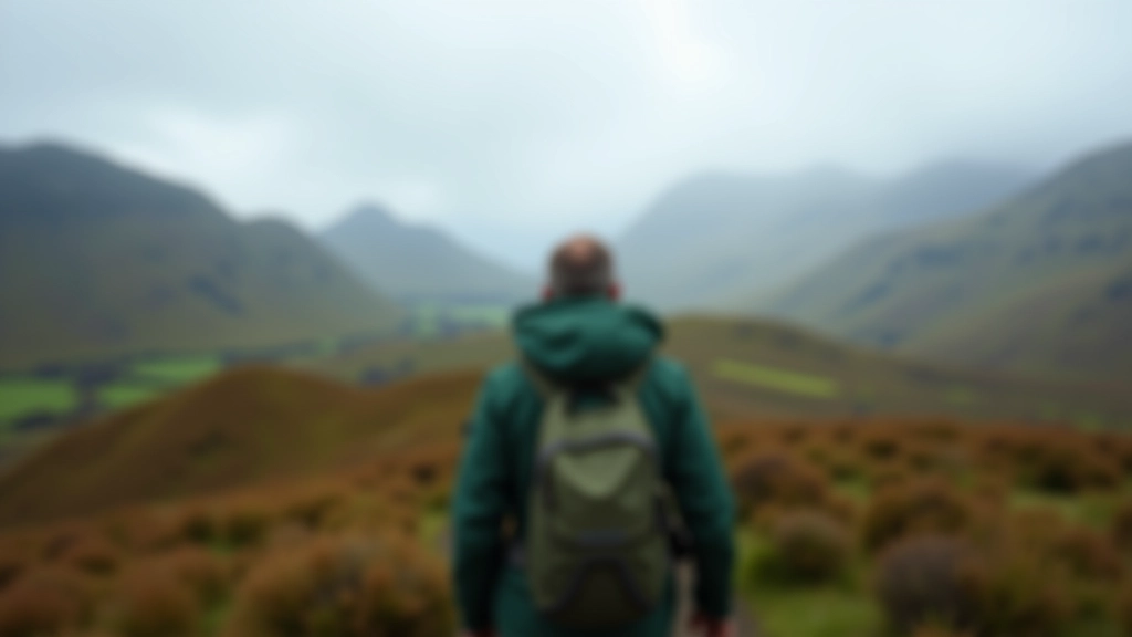 Hiker from behind walking on moorland trail, wearing green jacket and backpack, misty mountains visible ahead, dramatic Irish weather