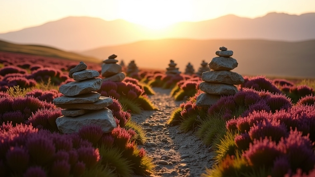 Hiking trail marked with stone cairns leading across purple-hued moorland toward distant Connemara mountains, golden afternoon light