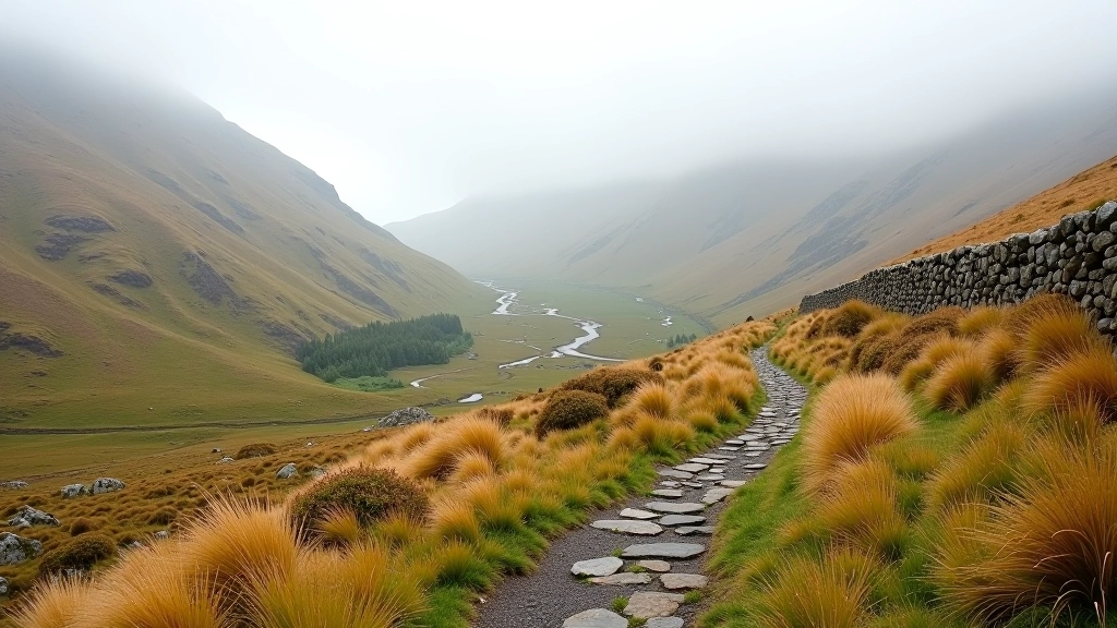 Gentle hillside path through mountain terrain with sparse vegetation, golden grass and stone walls, misty peaks in distance