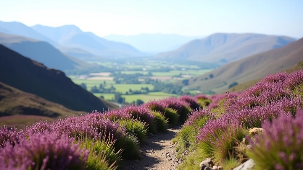 Purple heather-covered slopes of Mourne Mountains with gentle walking paths