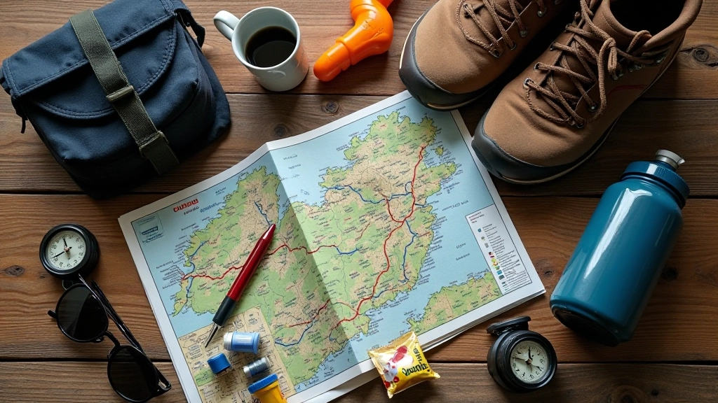Overhead shot of hiking essentials including water bottle, hiking boots, map, and snacks on wooden table