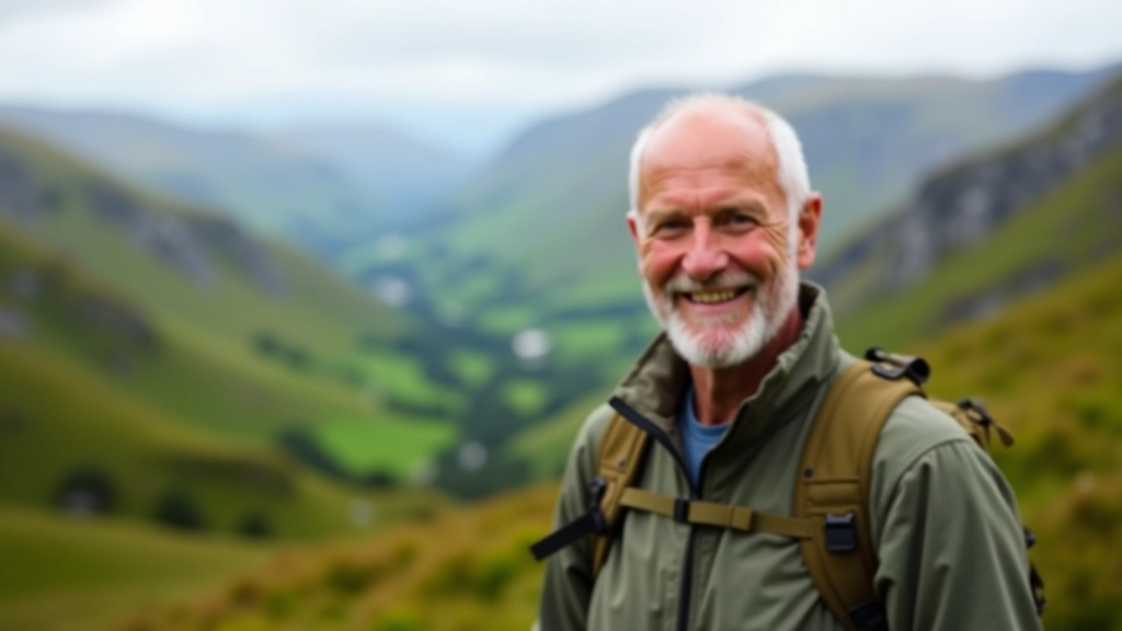 Hiker on a scenic Irish mountain trail with rolling green valleys and clear sky